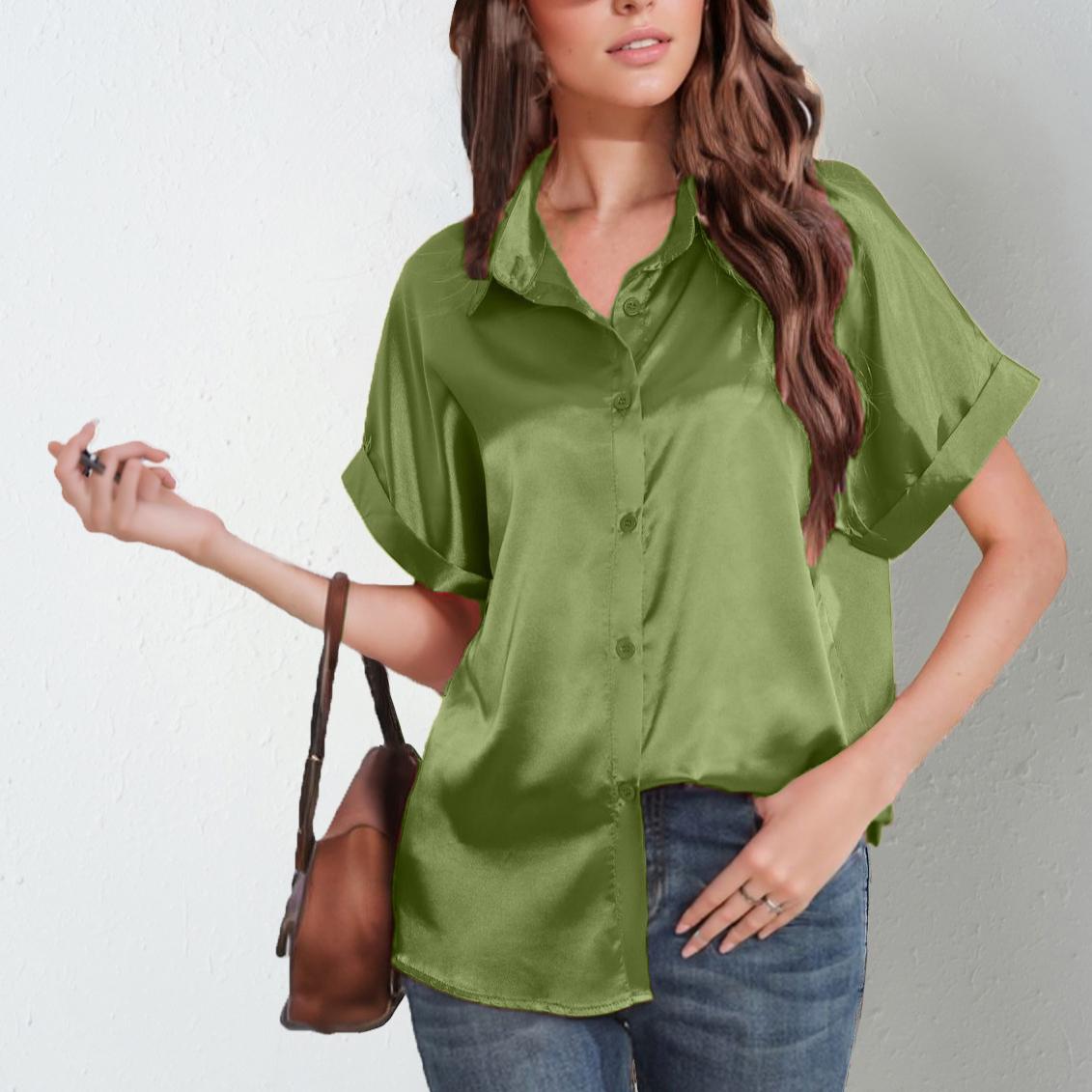

Рубашка, атласная рубашка с короткими рукавами на пуговицах, повседневный свободный топ для женщин XXL светло-зеленый