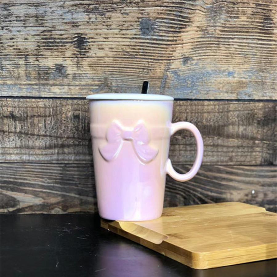 Light Luxury Colorful Relief Bow Mug with Cover Spoon Ceramic Mug