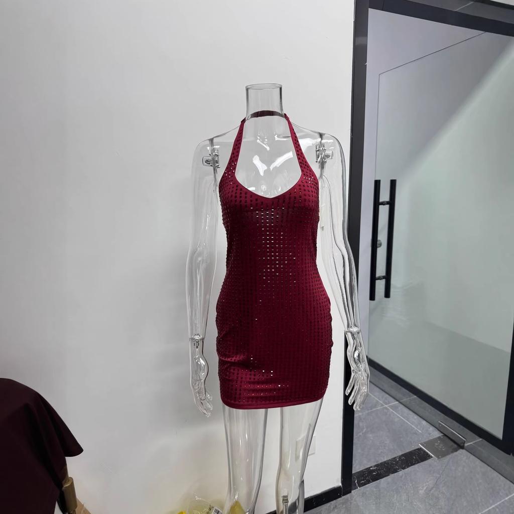 New European And American Sexy Fashion Women'S Clothing Party Sexy Neck Hot Diamond Slim Hip Dress