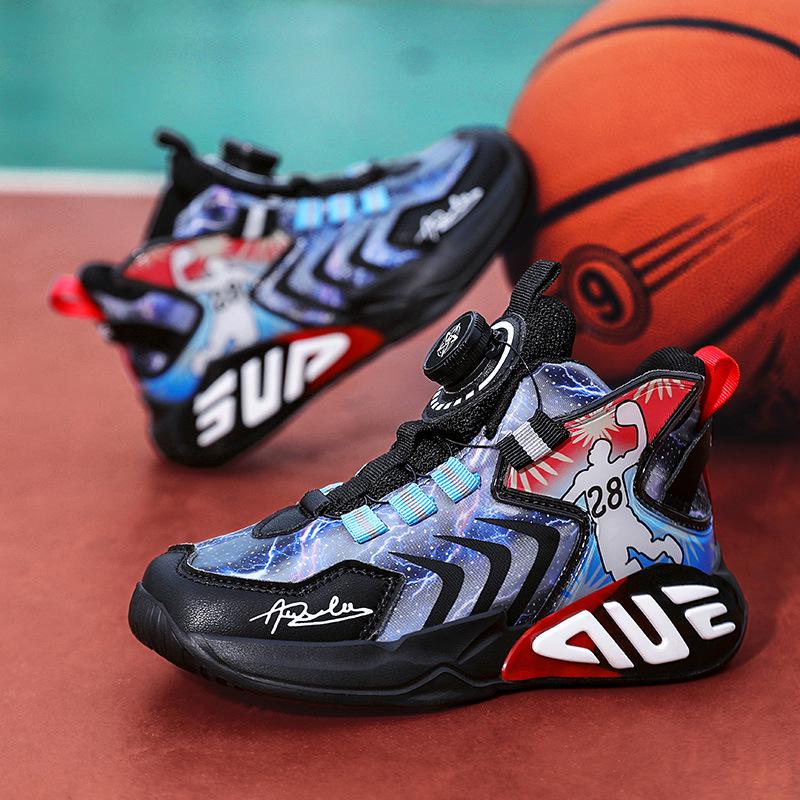 Boys' Waterproof Leather Basketball Shoes – Non-Slip, Wear-Resistant with Rotary Buckle for Students
