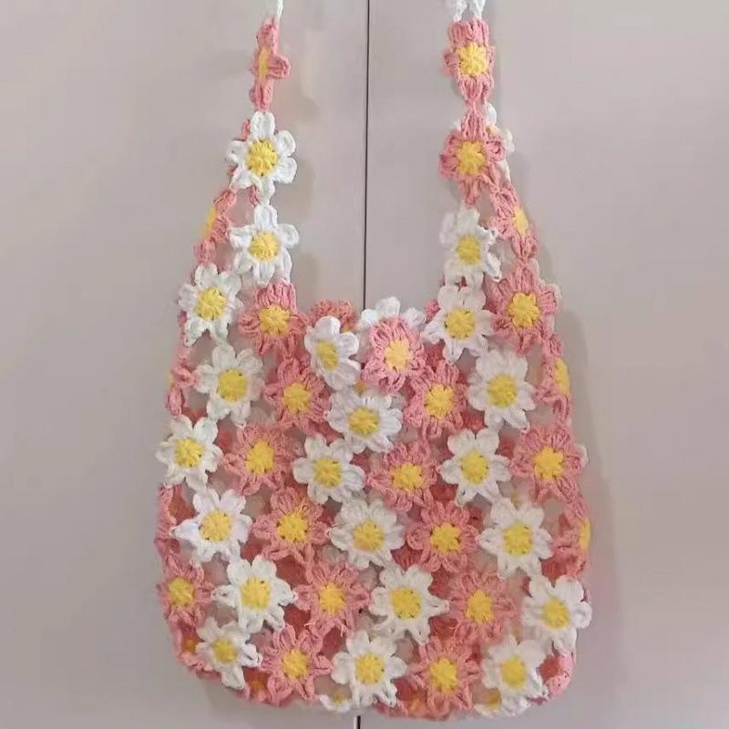 Handmade Crochet Floral Print Shoulder Bag - Summer Gift for Her