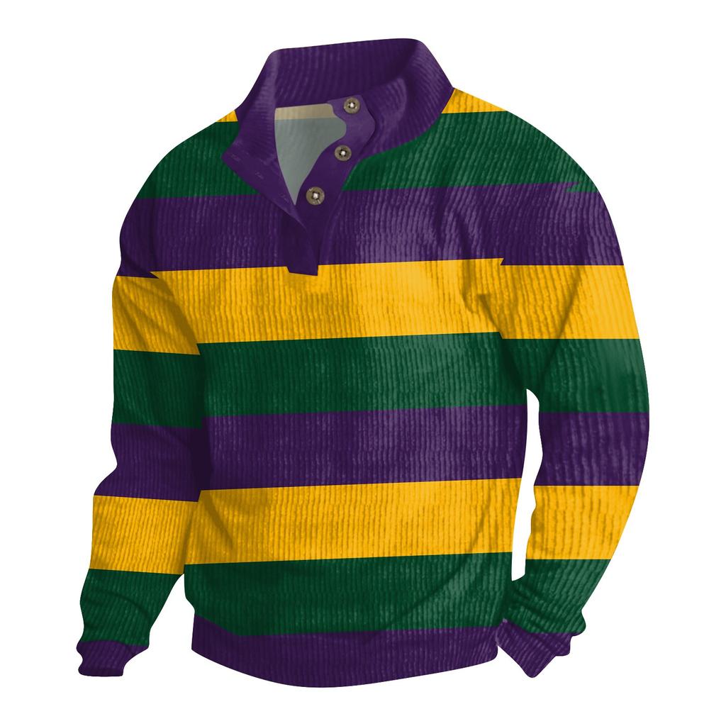 Men's Cotton Pullover Long Sleeve Outdoor Shirt Vintage Corduroy Button Stand Collar Shirt Casual Sweatshirt Print Top