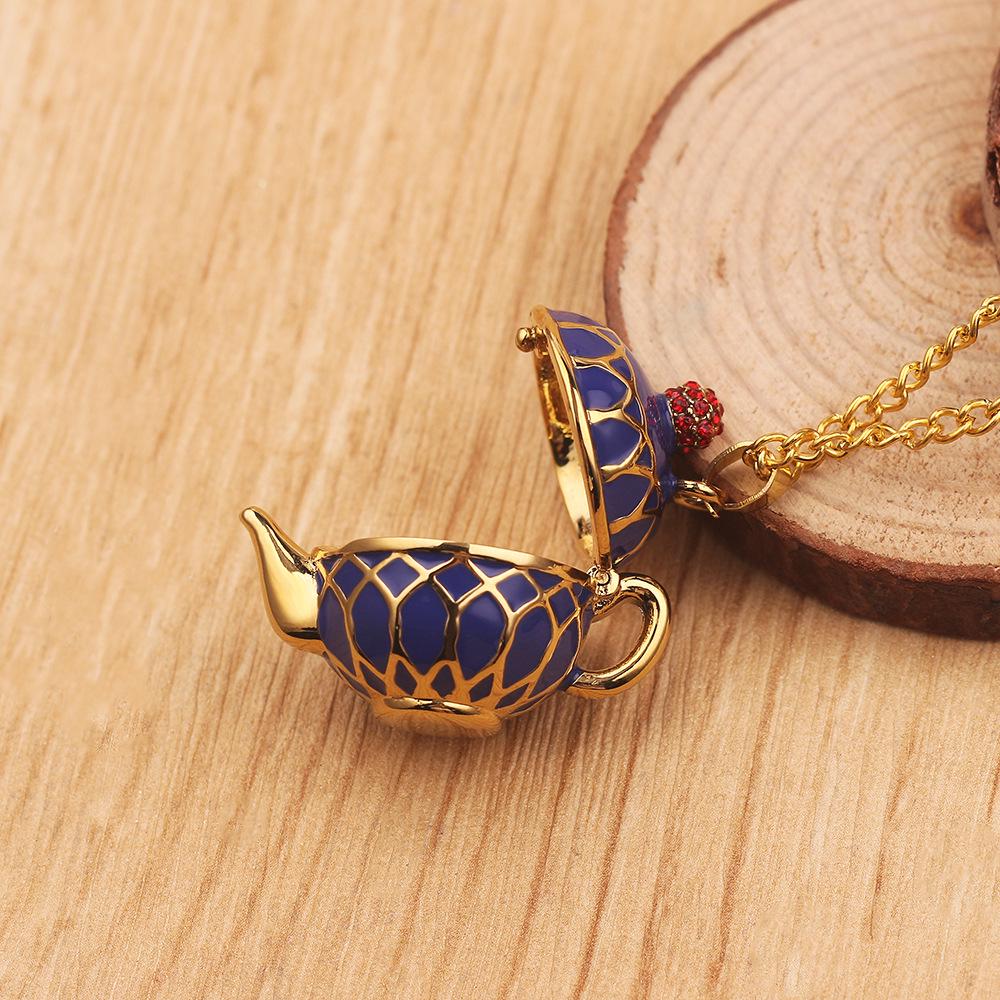 Enamel Teapot Pendant Necklace with Cartoon Design