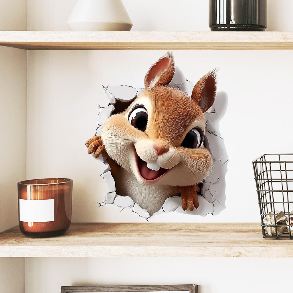 3D Breaking Wall Squirrel Wall Sticker Self-Adhesive Removable for Kids Room Living Room Home Decor
