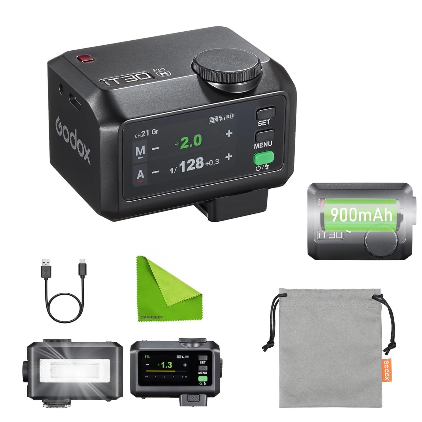 

Godox iT30Pro N Mini TTL Flash 120g Wireless Charging for Nikon - Portable, 2.8-inch Touchscreen, 1/8000s High-Speed Sync, Built-in Diffuser, 2.4GHz чорний