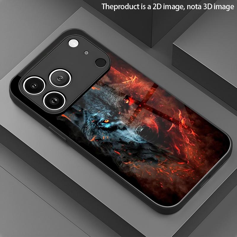 Ice Fire Wolf Pattern 2D Phone Case for iPhone 17 16 15 14 13 12 11 X XR XS Max Pro 8 plus - Glass Protective Cover