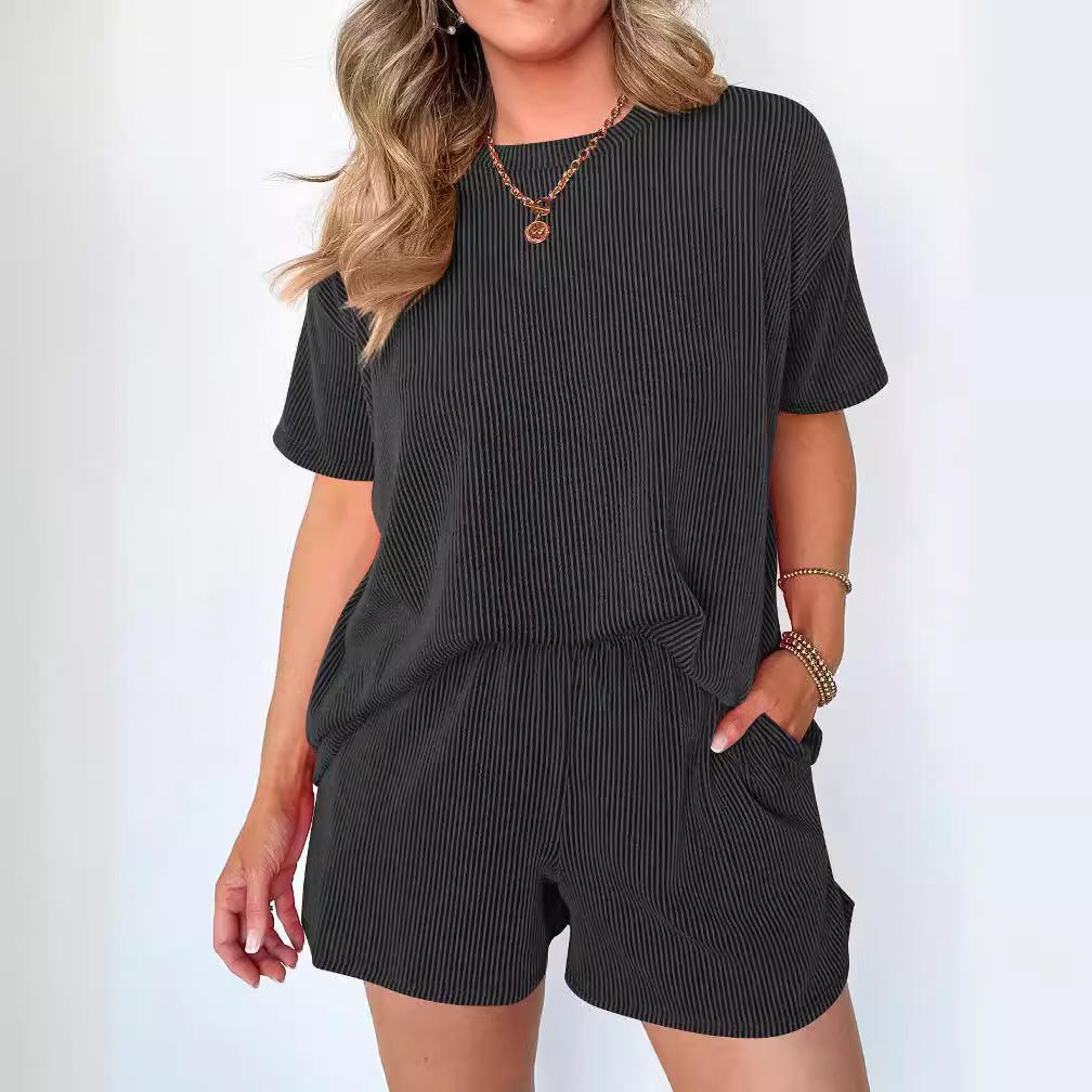 Women Casual Two Piece Set Short Sleeve Round Neck Top Elastic Waist Shorts