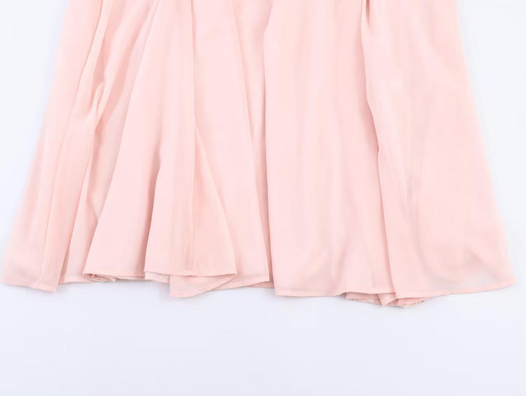 2026 Spring Women's European Style Pink Chiffon Long Dress with Short Sleeves