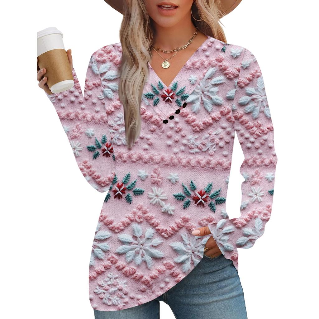 Women's Fashion Casual V-neck Pleated Christmas Long Sleeve Top