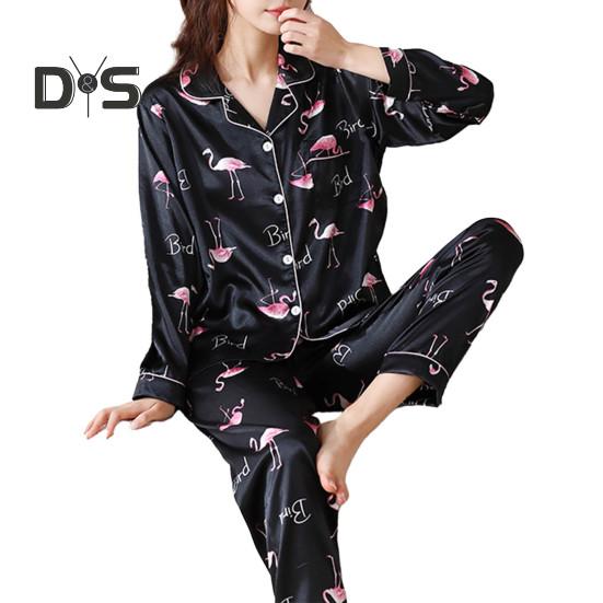 

2 шт./комплект женский пижамный комплект весна-лето цветочный принт шелковистый лацкан длинный рукав свободный однобортный широкий брюки домашняя одежда рубашка брюки комплект одежда для сна M чёрный