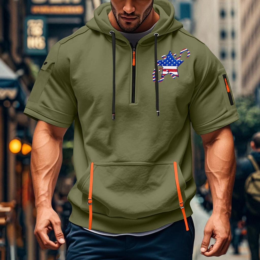 Men's Summer Shirt Print Zipper Pocket Short Sleeve Hooded Sweatshirt Men's Sports Large Size Casual Sweatshirt
