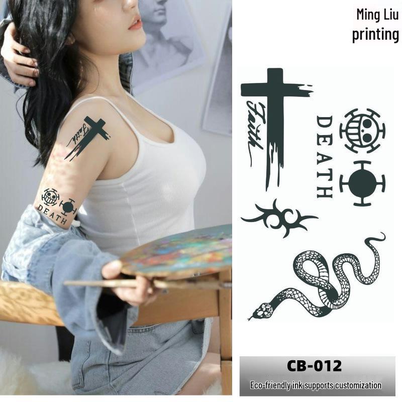 Trendy Chinese Herbal Tattoo Stickers: Fresh English Letters & Fruit Juice Design, Half Sleeve Calligraphy. 10.5x18cm
