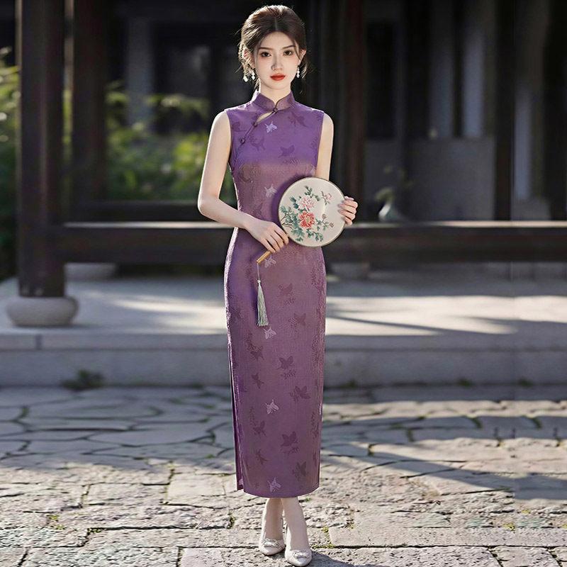 Sleeveless purple national style new Chinese long cheongsam improved young new high-end summer S