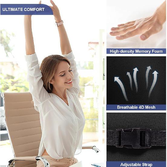 BYMECOST Lumbar Support Pillow For Car, Memory Foam Car Seat Back Support Pillow For Driving, Back Cushion With Strap For Pain Relief, Ergonomic Back