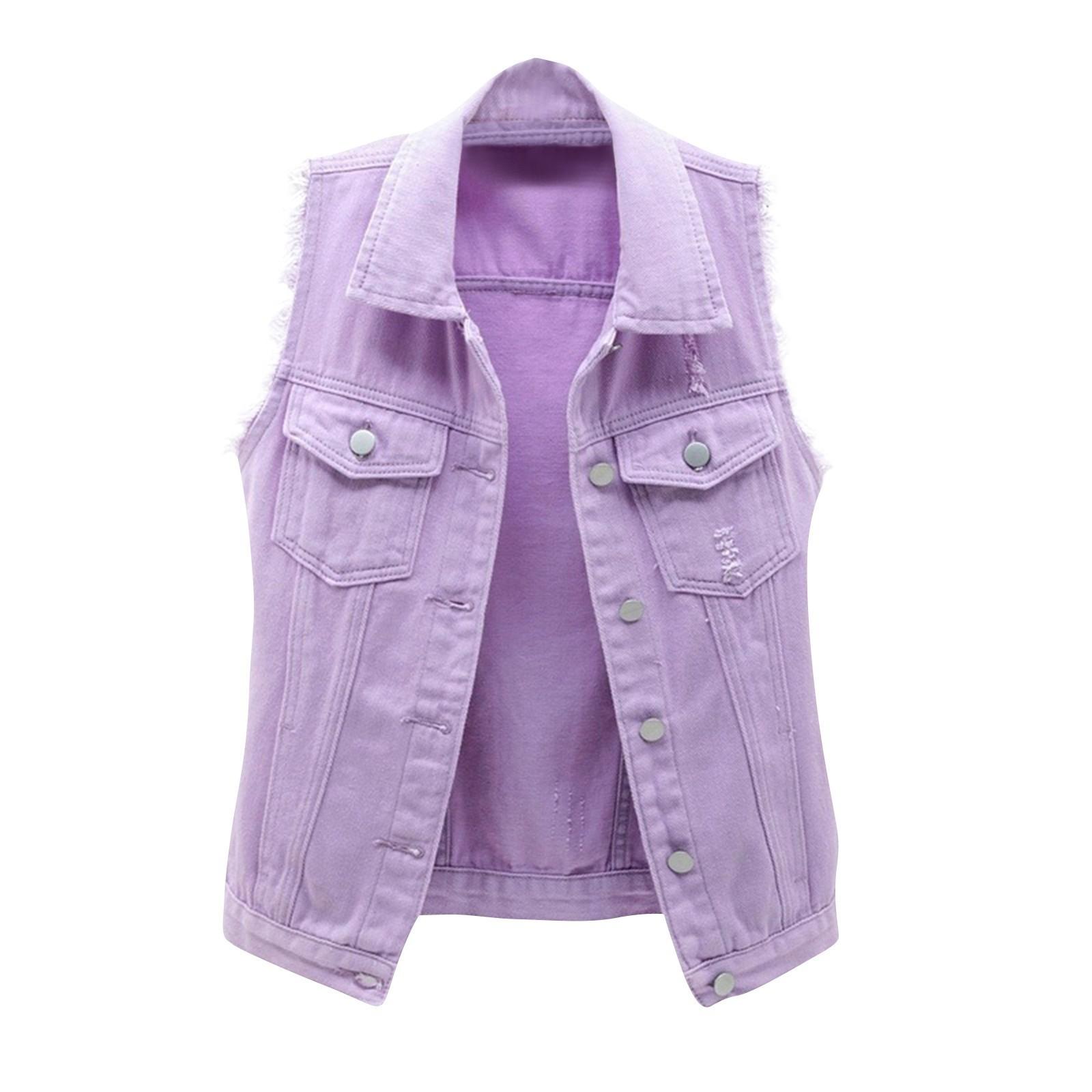 

Женская мода однотонный без рукавов карман короткий стиль с рваными краями и дырками кардиган жилет куртка M фиолетовый