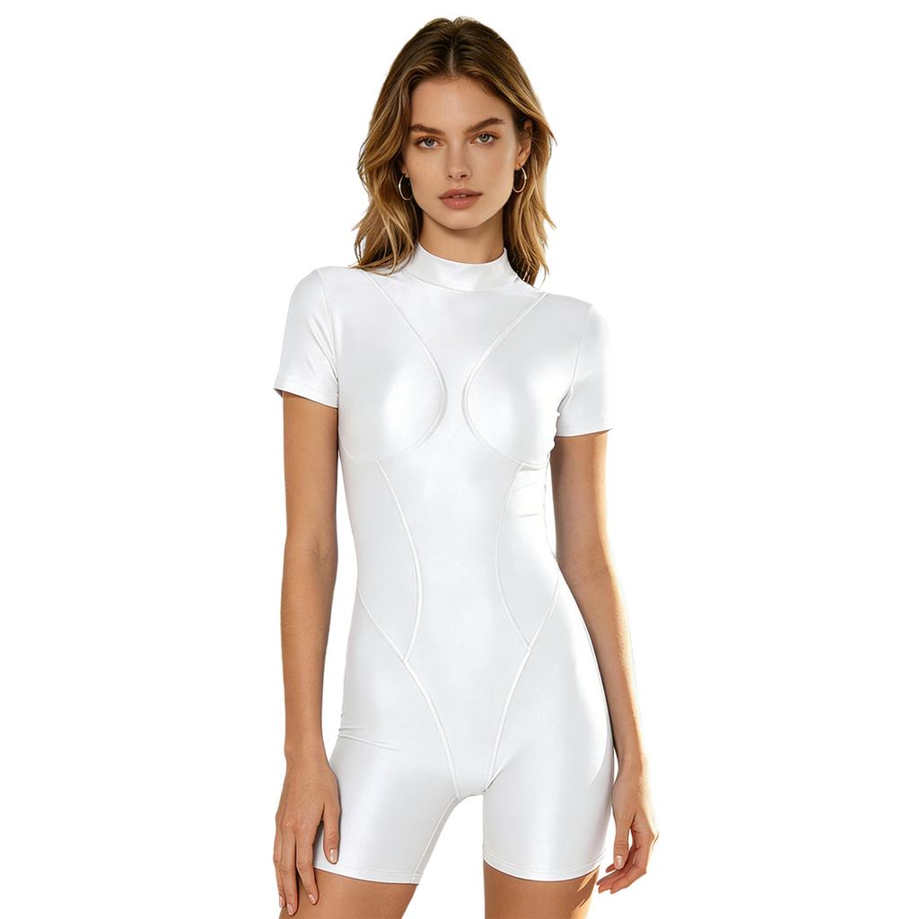 Costume da bagno da donna lucido e oleoso, collo alto, manica corta, schiena scoperta, vestibilità aderente, intero, costume da surf