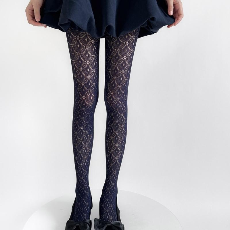 Womens Nylon Sheer Pantyhose Lace Detailing Slimming Pantyhose Solid Color Hollowout Geometric Pattern Stockings Hosiery