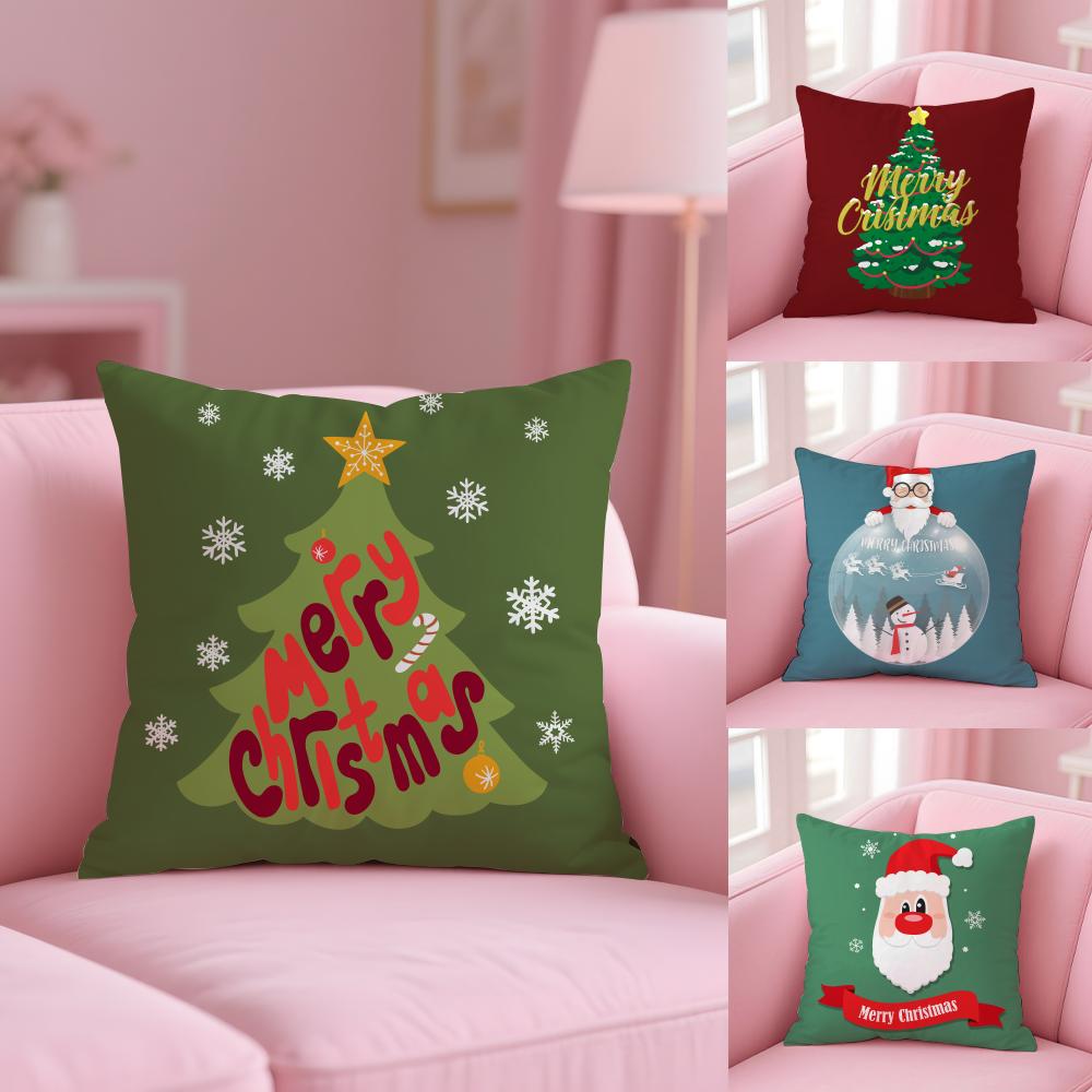 Christmas Tree Santa Pillow Case Plush Fabric Soft Double-Sided Printed Sofa Warm Winter Home Gift Cushion Cover