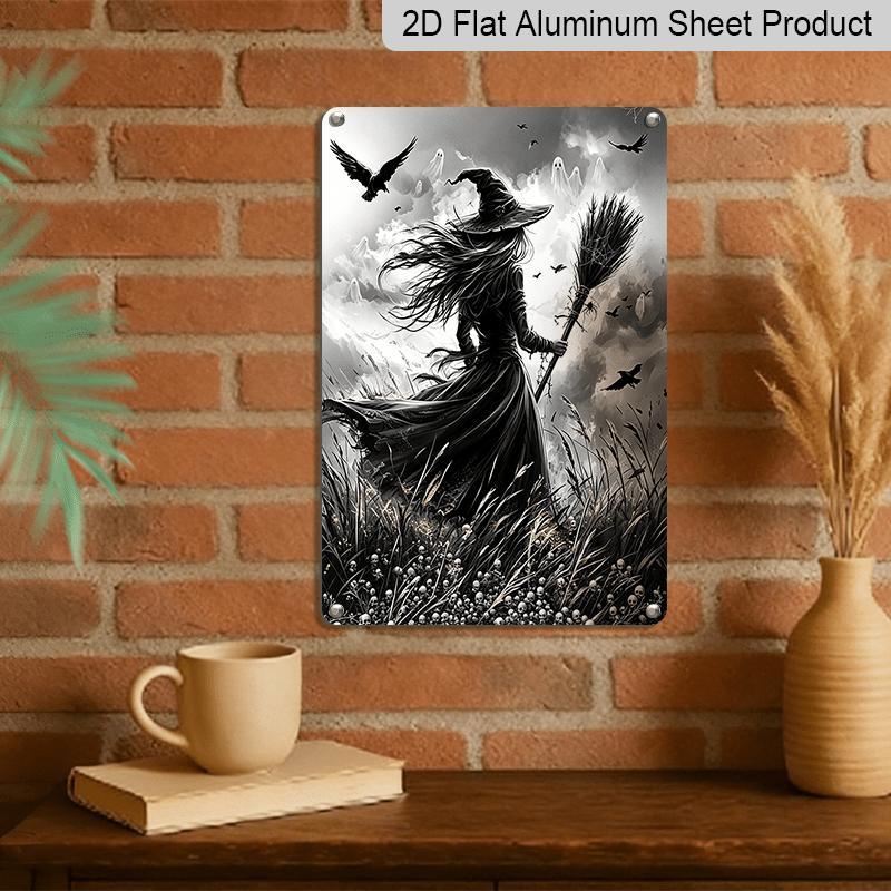 2D Flat, 1pc Gothic Witch Broomstick Black Crow Aluminum Halloween Sign, Halloween Wall Decor for Haunted House, Party, Home, Bathroom - Spooky