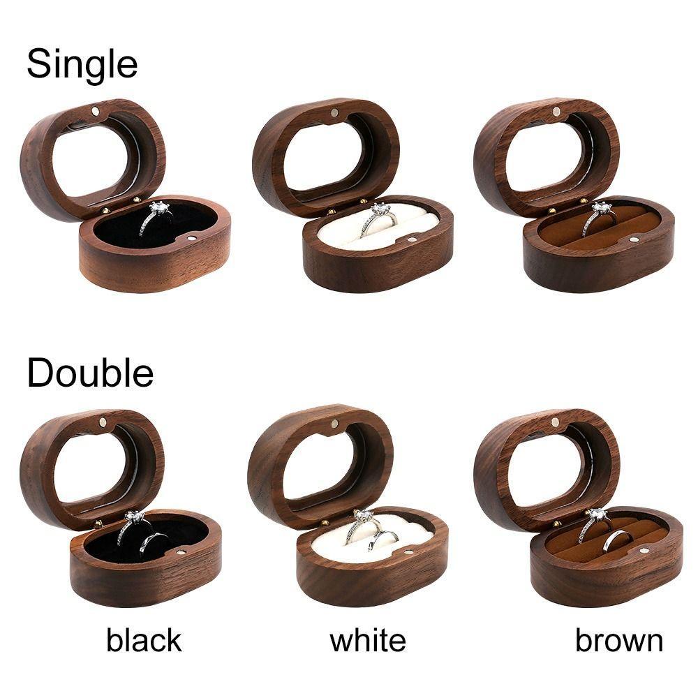 Retro Oval Wooden Jewelry Box Lover Ring Display Box Engagement Wedding Couples Ring Storage Holder Love Gift