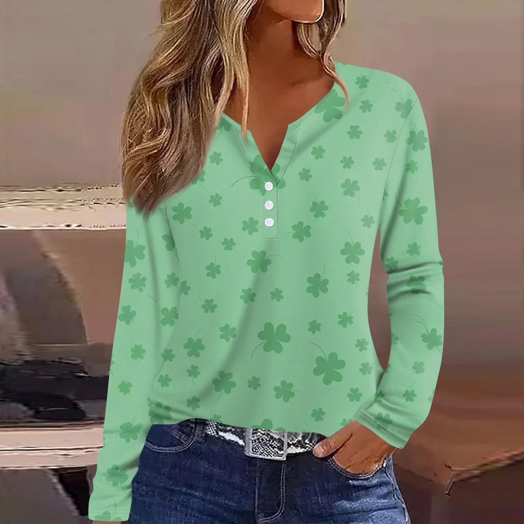 Women's Fashion Casual Printed V-neck Long Sleeve Button Up T-shirt Top