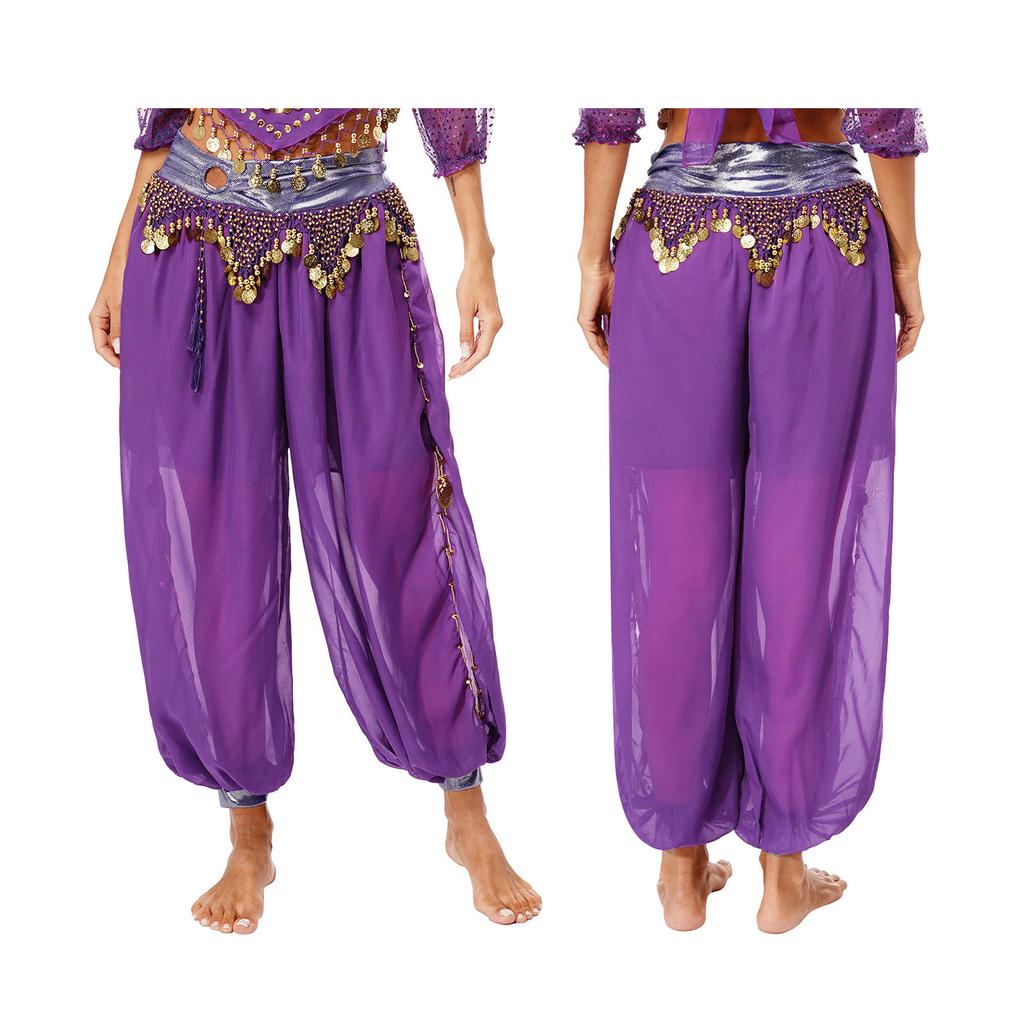 Women's Belly Dance Harem Pants Shiny Sequin Tassel Trouser Arabic Performance Loose Pants