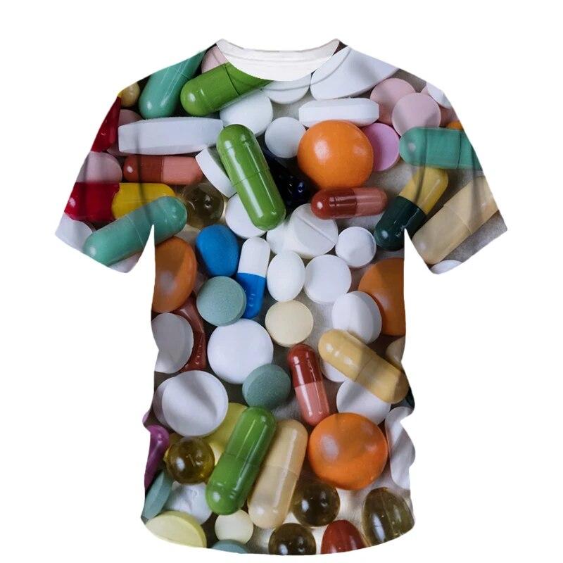 Modne nowe, oryginalność Pill Graphic T-shirty dla mężczyzn Casual Artystyczny trend osobowości Zabawne drukowane koszulki z krótkim rękawem i okrągłym dekoltem