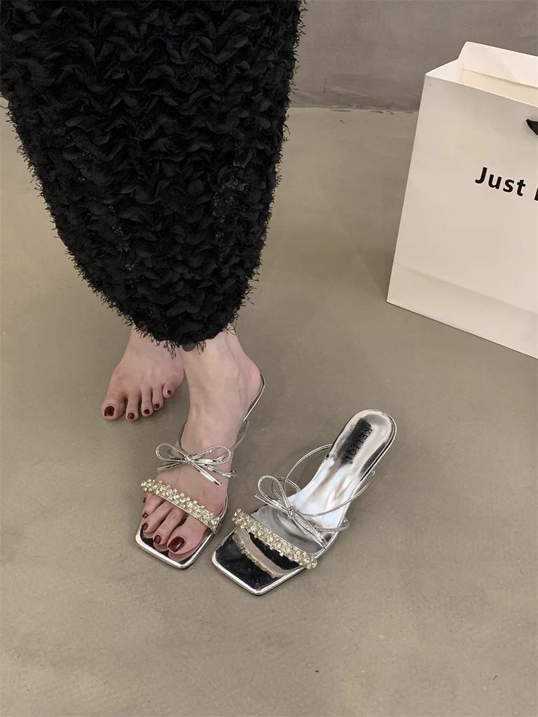 Square head bow rhinestone high heels female 2025 summer new fairy style beautiful with skirt temperament cool slippers