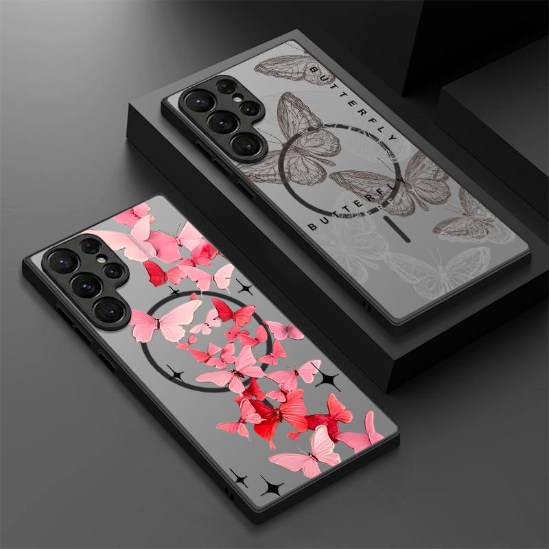 Thin Ring Magnetic Phone Case For Samsung Galaxy S26 Ultra S25 FE S24 S23 S22 Plus S21 FE Pink Butterfly Print Hybrid TPU+PC Matte Cover