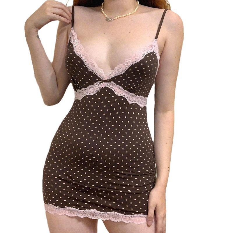 French Retro Polka Dot Lace V-Neck Camisole Dress - High Waist, Figure-Hugging Mini Skirt