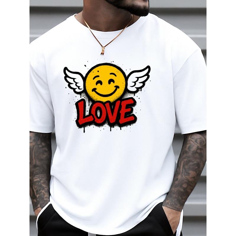 European Size Men s 100% Cotton White Love joyful Wings T-Shirt-Casual Streetwear Y2K Baggy Tee with joyful Face & Wing Print,Round Neck Short Sleeve S