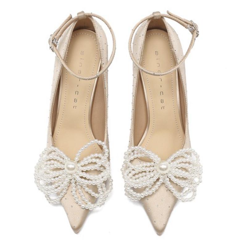 

Fashion Elegant String Bead Bow Decorative Pumps Women Luxury Pointed Toe Crystal Ankle Buckle Designer Shoe Fashion Wedding Bridal Shoe 35