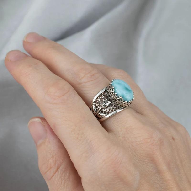 Vintage Silver Color Round Rings for Women Inlaid with Green Stone Flower Leaf Personalized Creativity Party Rings Jewelry