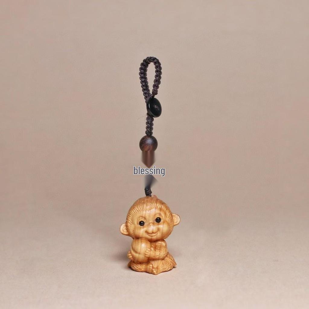 Golden Sandalwood Zodiac Animal Carving Keychain - Solid Wood Cultural Craft
