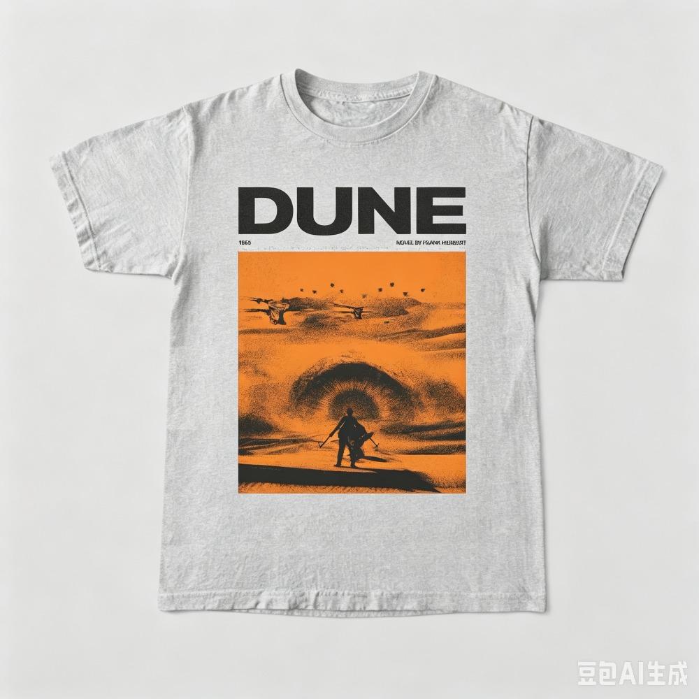 White Orange Desert Sandworm Silhouette Graphic Tee Big Bold Scifi Novel Header Chest Oversized Street Tops