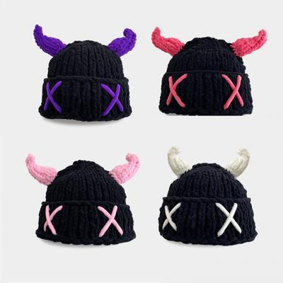 Cute and Funny Black Little Devil Horn Thick Thread Knitted Hat Women's Winter Warm Face Small Handmade Wool Hat