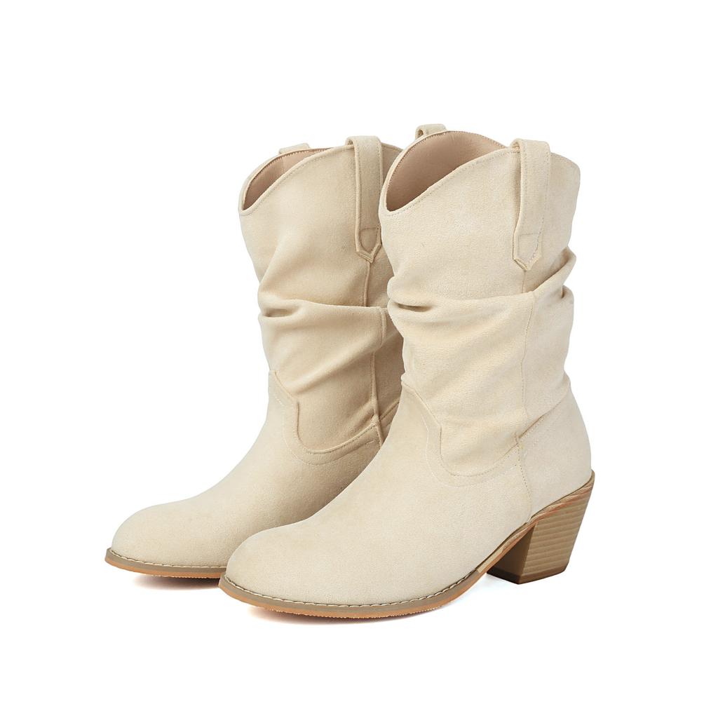 Women Ankle Slouch Boots Cowboy Western Booties Cowgirls Flock Slip On Fall Winter Shoes