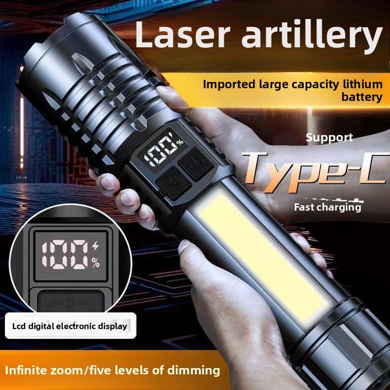 Portable Zoom Torch High Power LED Flashlight Type-C Rechargeable Waterproof Light with COB Side Lamp for Outdoor Camping Hiking