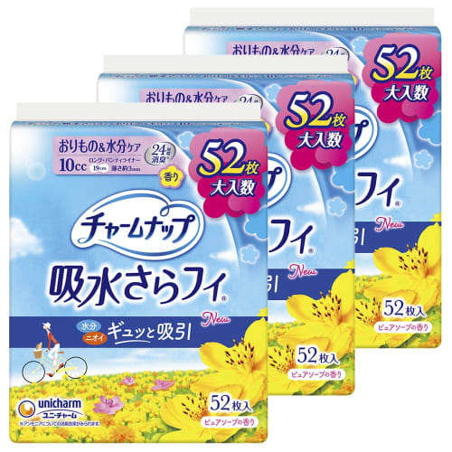 CharmNap [Bulk Purchase] Absorbent Sarafi Women's Panty Liners, 10cc, Long, Pure Soap Scent, 19cm [For Light Incontinence], 156 Liners (52 Liners x 3