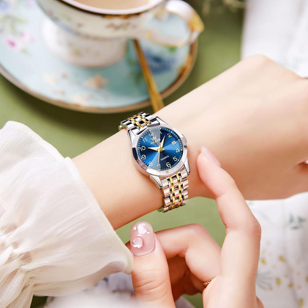 OLEVS Women's Fashion Dress Watch Analog Quartz Waterproof Stainless Steel Two-Tone Gold-Blue with Diamond and Date Display