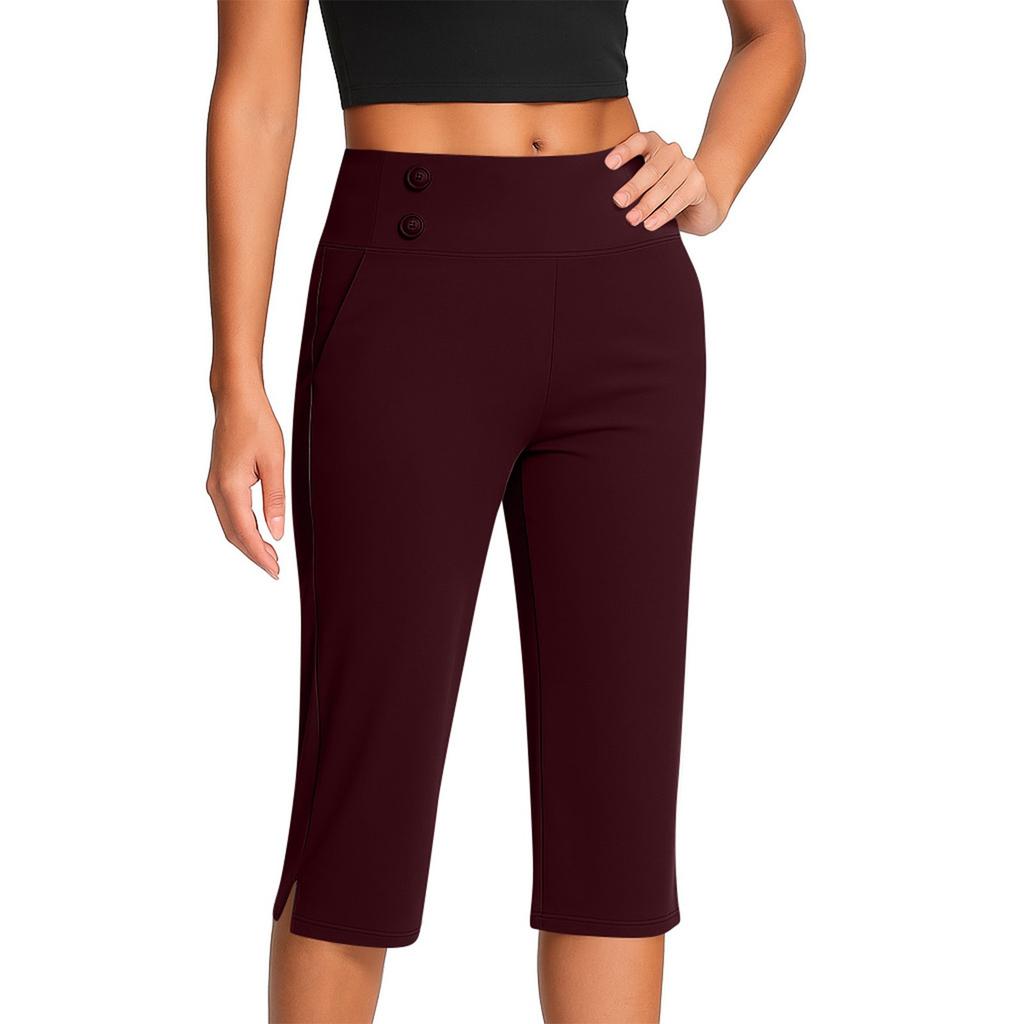 Pantalones de Moda para Mujer de Color Sólido con Bolsillos con Botones y Bajos Divididos Cintura Alta Deportes Yoga Casual Pantalones Recortados