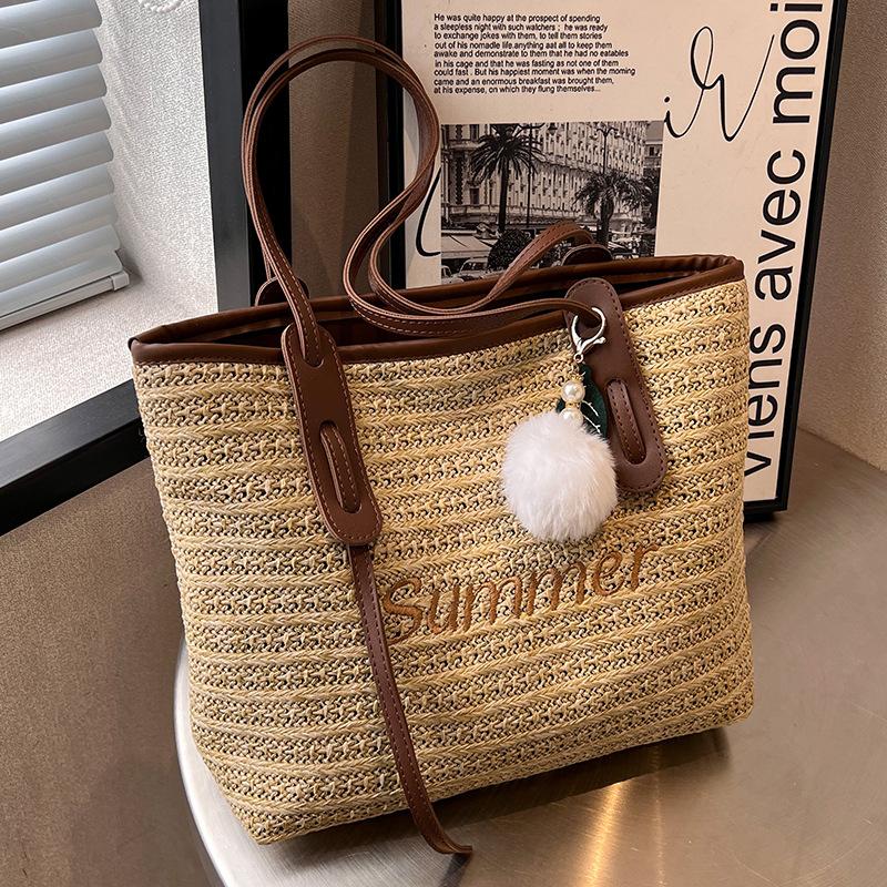 

Соломенная сумка женская большая вместимость 2024 новая летняя универсальная сумка через плечо плетеная сумка для шоппинга класса пригородных поездок коричневый