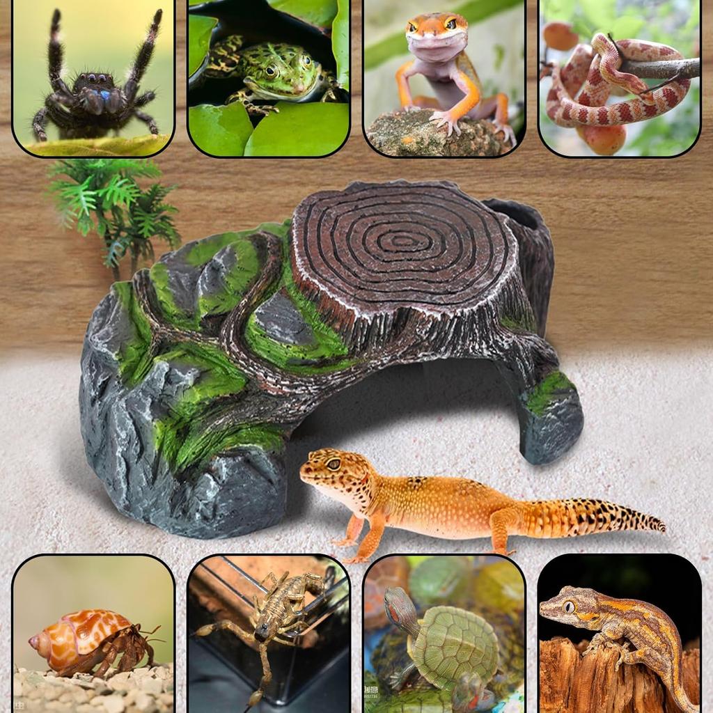 Resin Reptile Hide Cave,Leopard Gecko Cave Hideout Reptiles Habitat Tree Stump Decor Lizard Tank Climbing Ramp Basking Platform Accessories for Gecko
