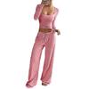 Women's Striped 2 Piece Outfits Long Sleeve Square Neck Cropped Top Drawstring Wide Leg Pants Set Casual Lounge Sweatsuits