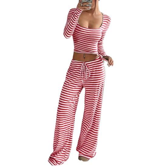 Women's Striped 2 Piece Outfits Long Sleeve Square Neck Cropped Top Drawstring Wide Leg Pants Set Casual Lounge Sweatsuits