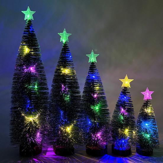 Mini Christmas Tree Small Artificial Snow Flocked Pencil Tree with LED Lights Tabletop Tree Ornaments with Wooden Base for Xmas Home Decor
