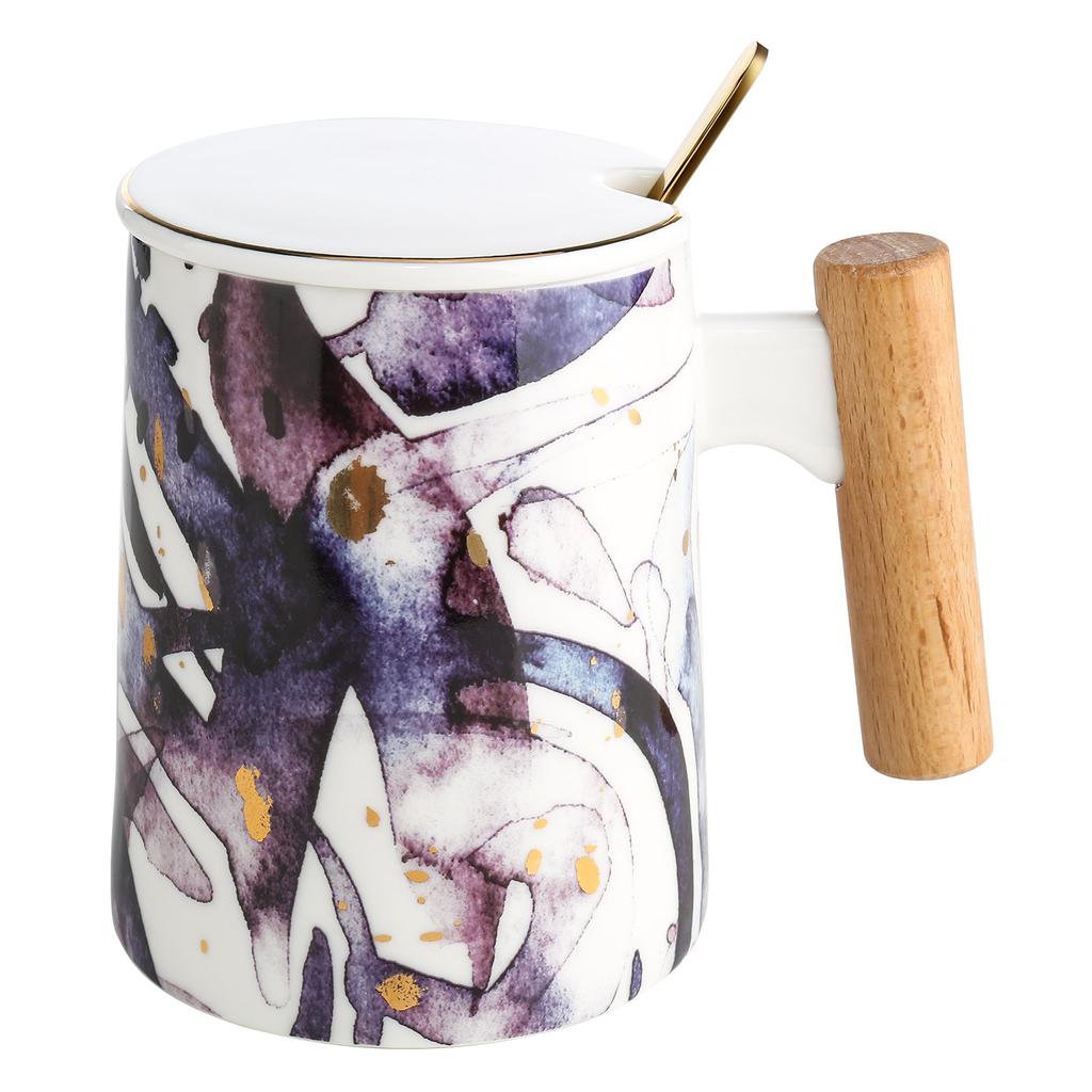 Tooarts Hrníček s víčkem Keramický šálek na čaj Šálek na kávu Velkoobjemový hrnek s dřevěnou rukojetí Ocel 304