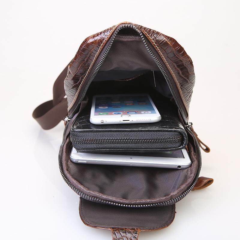 Men's Leather Layered Cowhide Crocodile Patterned Chest Bag, Men's Leather Oilskin Casual Small Crossbody Waist Bag