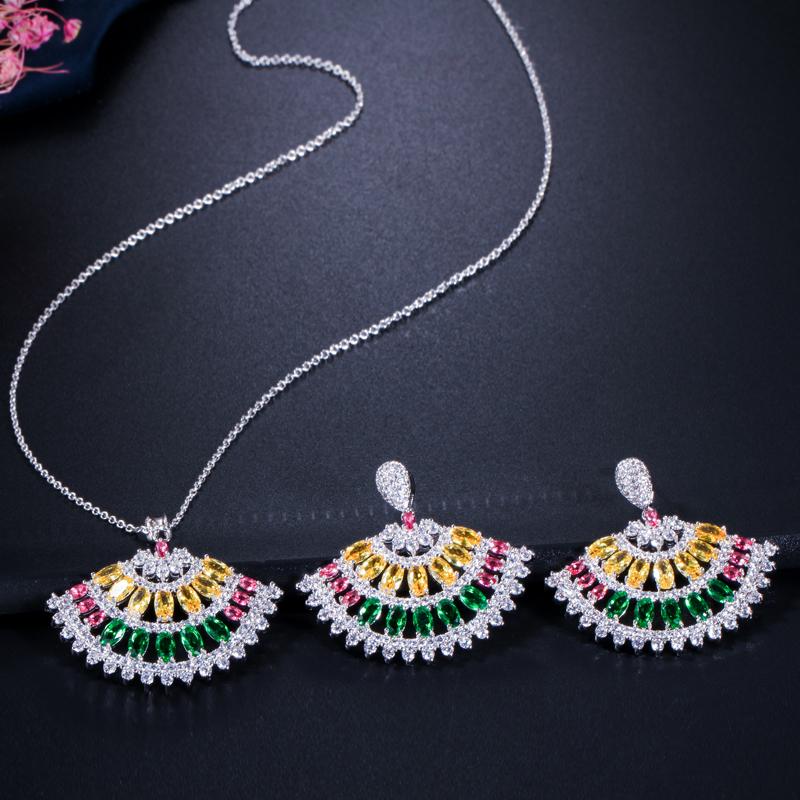 WWJ Multicolor Zirconia Fan Shape Necklace Earrings Jewelry Sets
