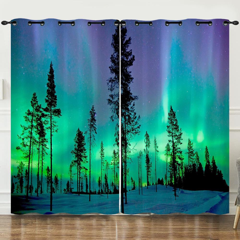Curtain Bedroom Curtain Digital Printing Aurora Blackout Curtain Fabric No Punching